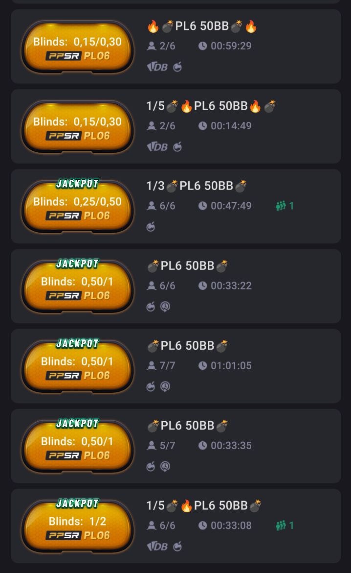 PPPoker PPPumba PLO6 cash lobby with Jackpot bomb-pot tables and full seats, PPPFish Australia union