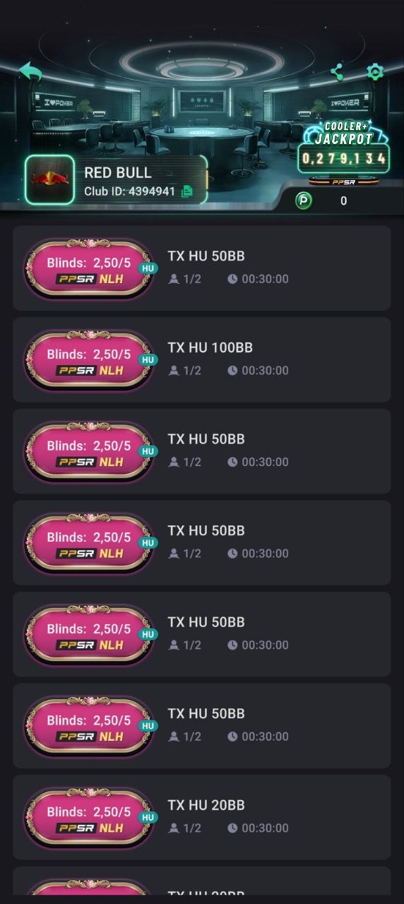 PPPoker RED BULL Brazil heads-up NLH tables, Texas HU 20BB 50BB 100BB, Club ID 4394941