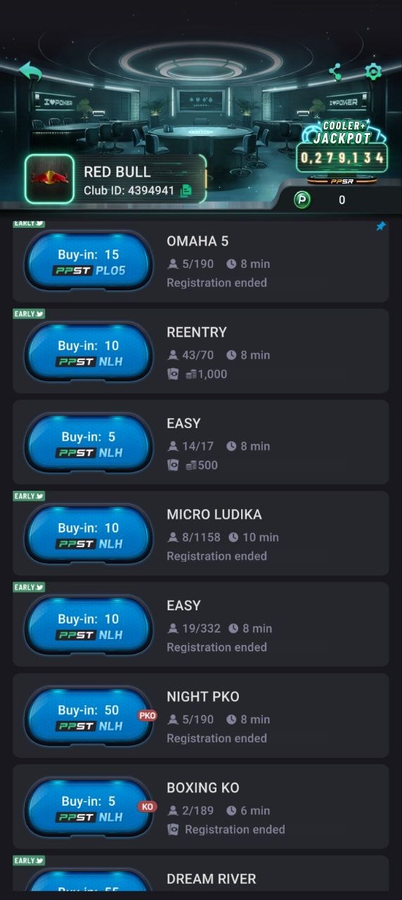 PPPoker RED BULL Brazil tournament schedule, NLH and PLO5 events with large fields, Club ID 4394941