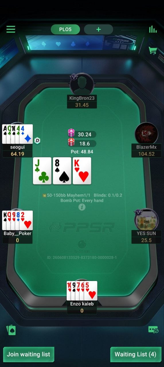 PPPoker RedBull USA PLO5 bomb-pot table in play, 50-150bb Mayhem, Club ID 4394942