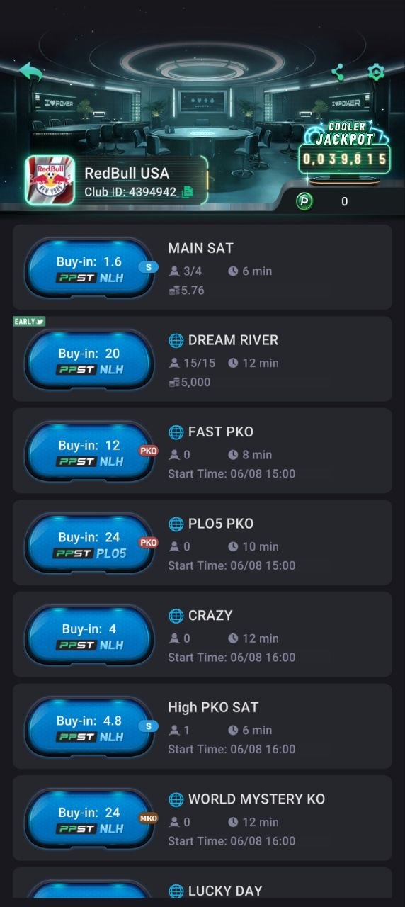 PPPoker RedBull USA tournament schedule with NLH and PLO5 events, PKO and satellites, Club ID 4394942