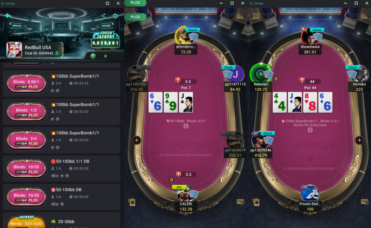PPPoker on PC — RedBull USA PLO cash tables on desktop, Club ID 4394942